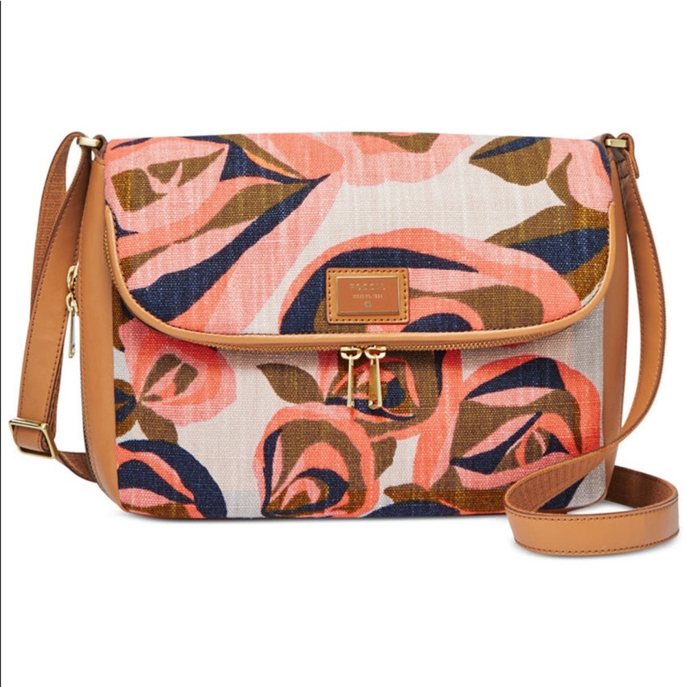 Fossil Preston Large Flap Brown Floral Canvas Expandable Zipper Crossbody Purse
